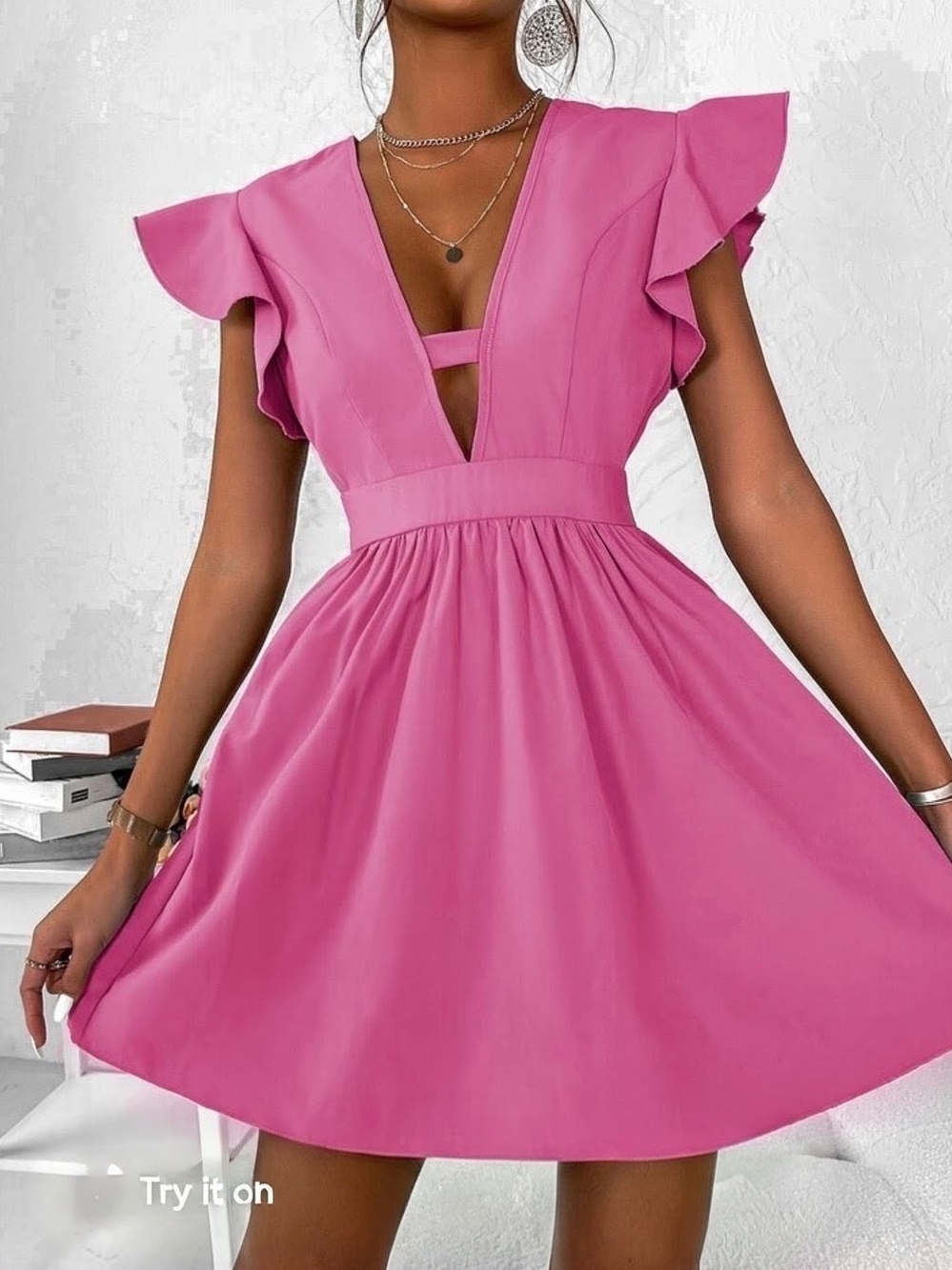 SHEIN Hot Pink Ruffle Sleeve V-Neck Mini Dress